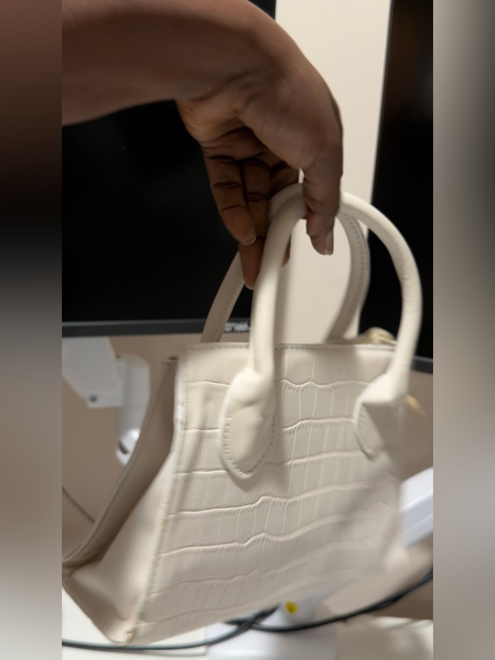 Structured Cream Croc-Embossed Top-Handle Bag - Picture 6 of 6